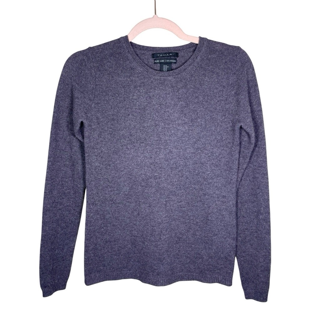 TAHARI  PURE LUXE 100% Cashmere Gray Crew Neck Sweater Size XS Round‎ Neck